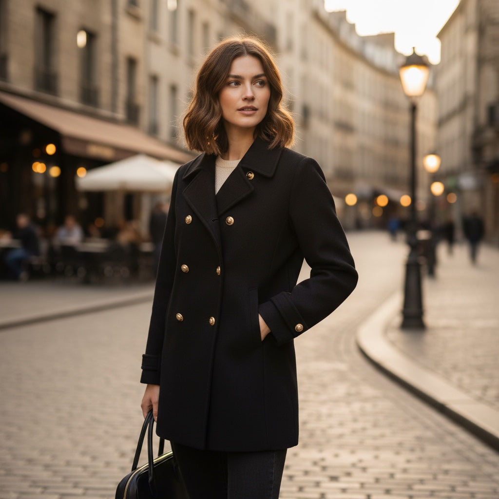 Manteau hiver femme Zara noir en laine taille XXL avec double boutonnage doré.