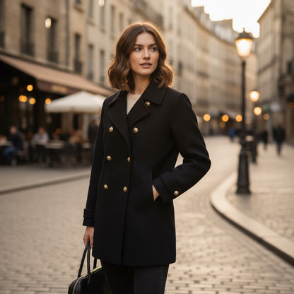 Manteau hiver femme Zara noir en laine taille XXL avec double boutonnage doré.