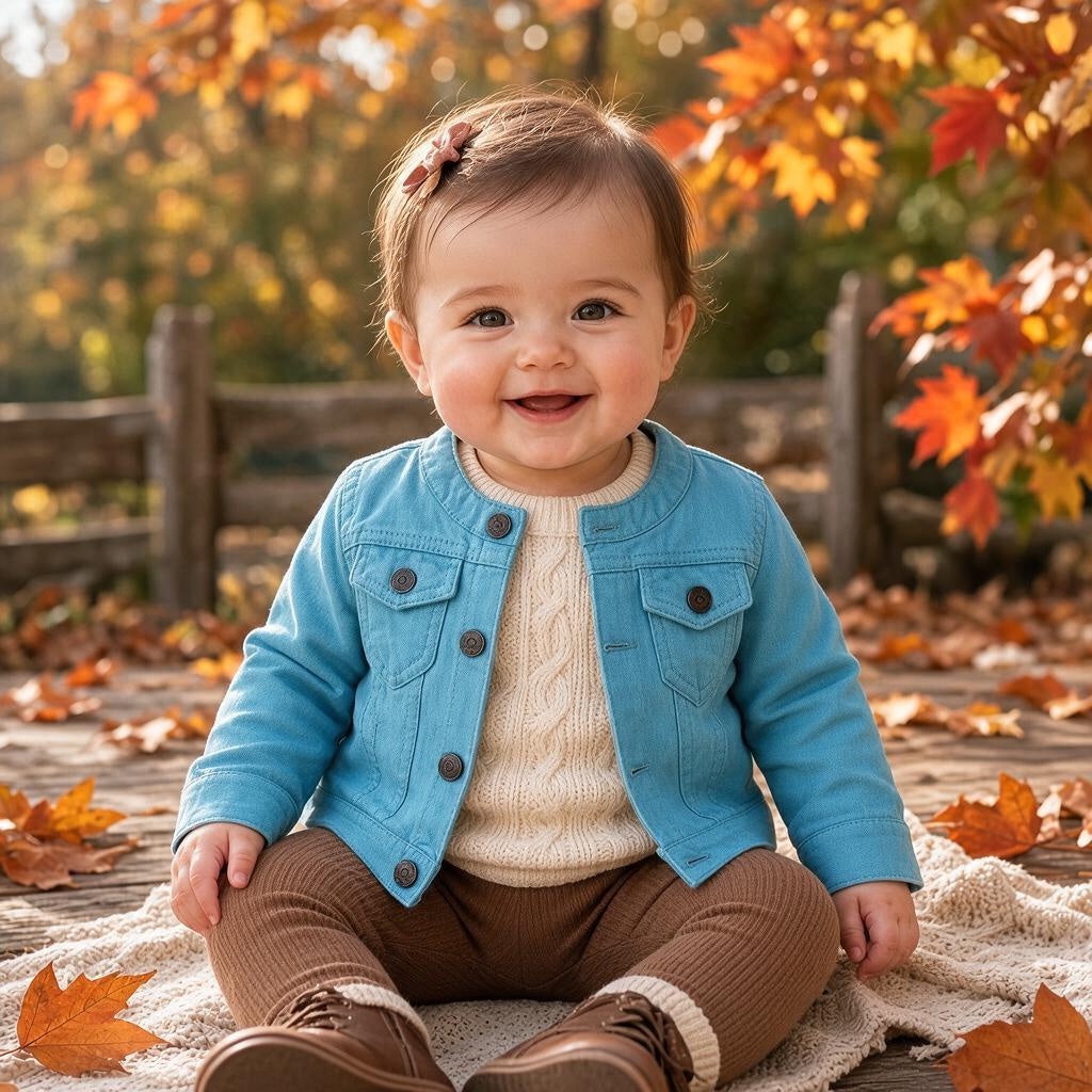 Veste en jean bébé Miss Cutie 6 mois turquoise avec manches longues et deux poches poitrine à rabat.