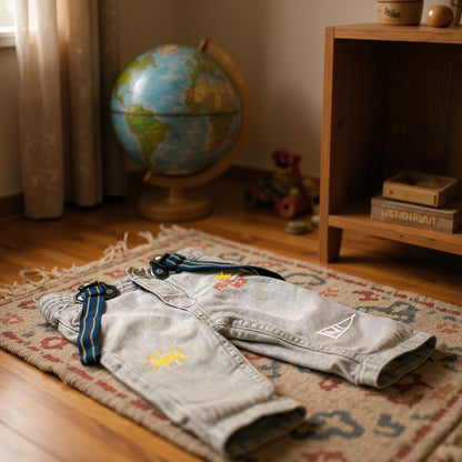 Pantalon Bébé Garçon 6Mois - Jean Gris Doublé Polaire avec Bretelles - Orchestra - la petite friperie