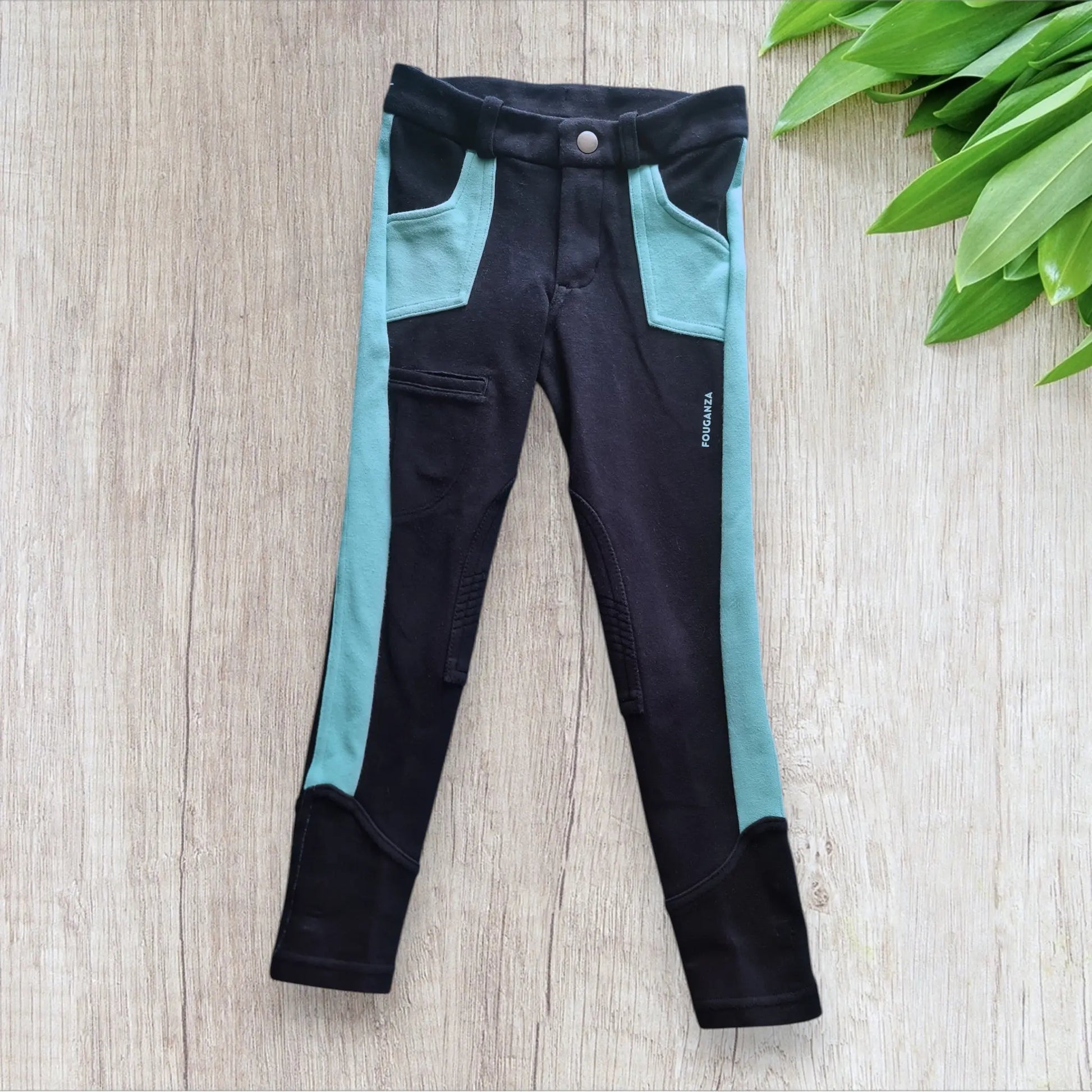 Pantalon équitation enfant Fouganza 5-6 ans bleu marine avec détails turquoise, très bon état