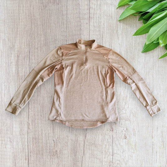 Polo d’équitation manches longues Femme 500 FOUGANZA – Rose pastel, taille 42, très bon état, manches avec trou pour le pouce