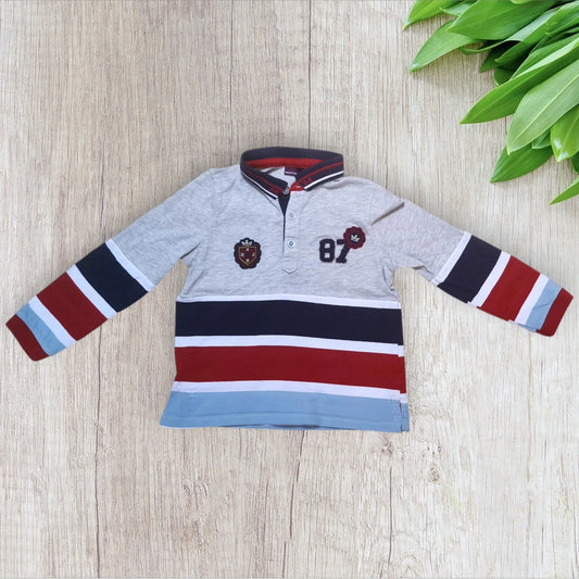 Polo garçon Sergent Major 5 ans gris rayé avec écussons bleu marine et bordeaux