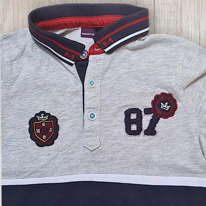 Polo garçon Sergent Major 5 ans gris rayé avec écussons bleu marine et bordeaux