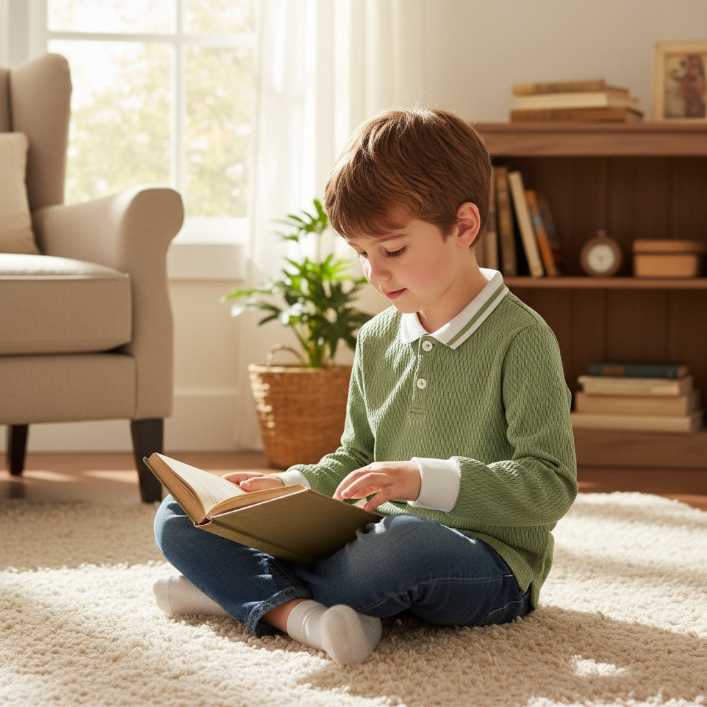 Polo garçon Shein 5 ans vert clair col blanc manches longues