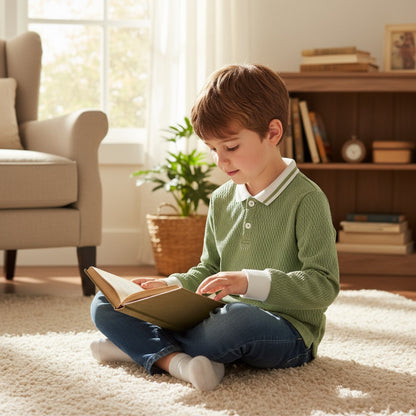 Polo garçon Shein 5 ans vert clair col blanc manches longues