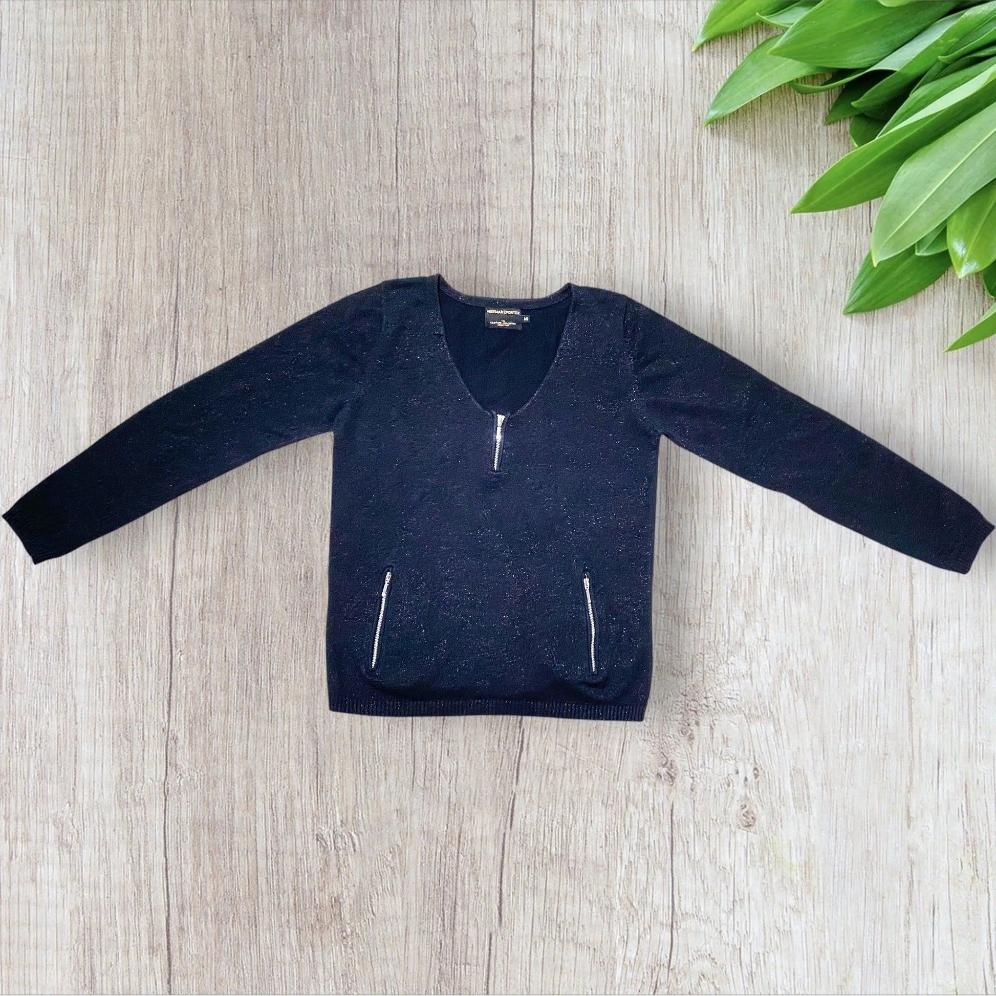 Pull femme Freeman T. Porter bleu marine pailleté avec col V zippé