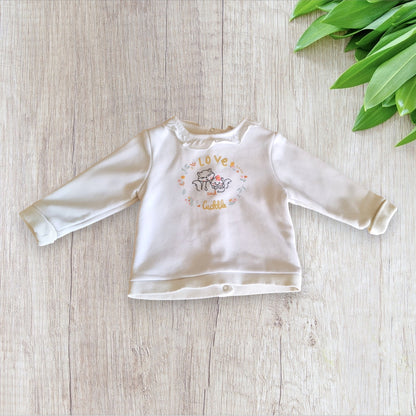 Pull bébé fille Orchestra 6 mois blanc fleuri avec renards brodés et écriture dorée pailletée, très bon état