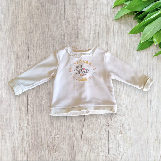 Pull bébé fille Orchestra 6 mois blanc fleuri avec renards brodés et écriture dorée pailletée, très bon état