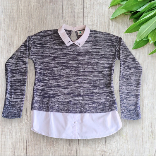 Pull chemise femme Bonobo taille S col Claudine blanc brodé et maille tricotée marine
