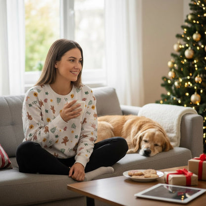 Pull de Noël mixte Esmara 46/48 blanc motifs tasses, sapins, bonhommes en pain d’épices et étoiles