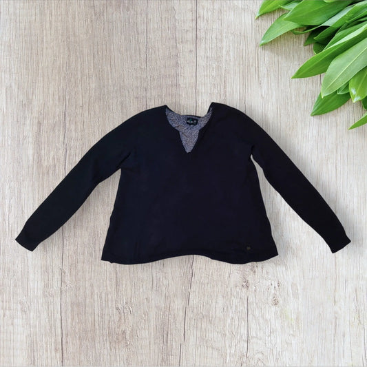 Pull femme Bonobo XS bleu marine avec dos croisé  et chemisier imprimé