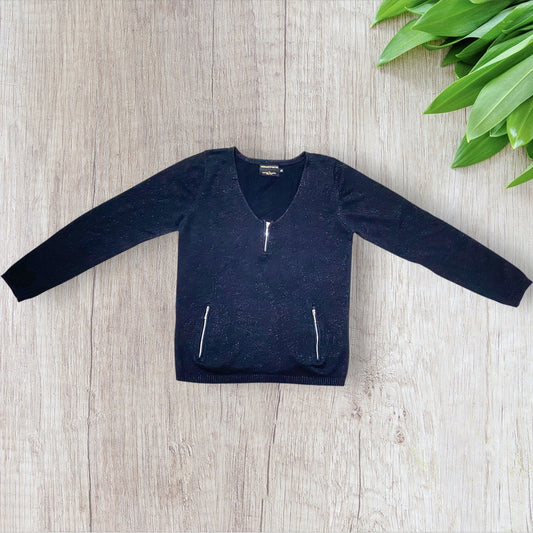 Pull femme Freeman T. Porter bleu marine pailleté avec col V zippé