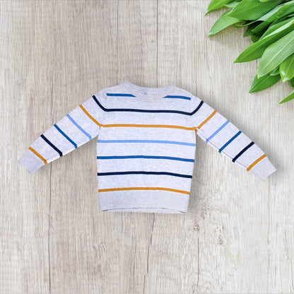 Pull garçon C&A 4 ans gris clair moucheté à rayures bleu, marine, bleu clair et jaune, manches longues col rond