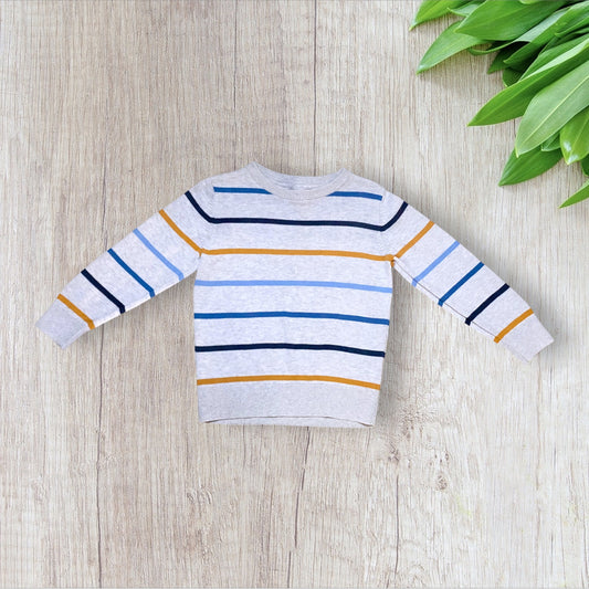 Pull garçon C&A 4 ans gris clair moucheté à rayures bleu, marine, bleu clair et jaune, manches longues col rond