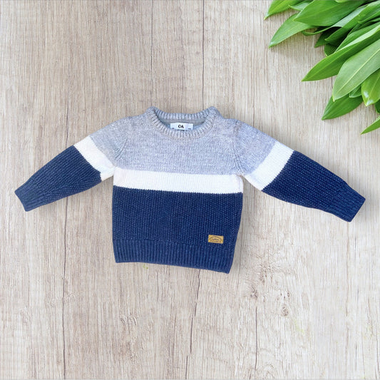 Pull garçon C&A 4 ans tricolore gris blanc bleu marine col rond manches longues – Très bon état