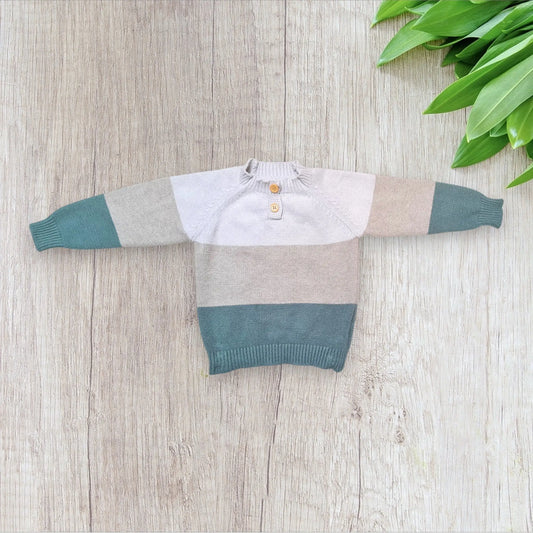 Pull garçon Shein 4 ans tricolore blanc beige émeraude – col rond avec boutons
