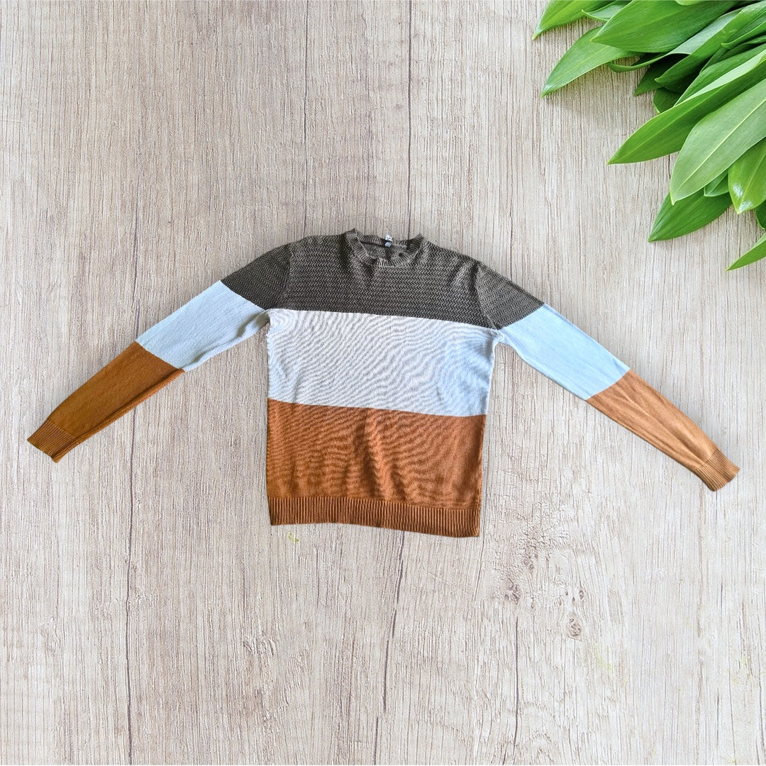 Pull homme Districenter taille L tricolore kaki blanc marron col rond très bon état