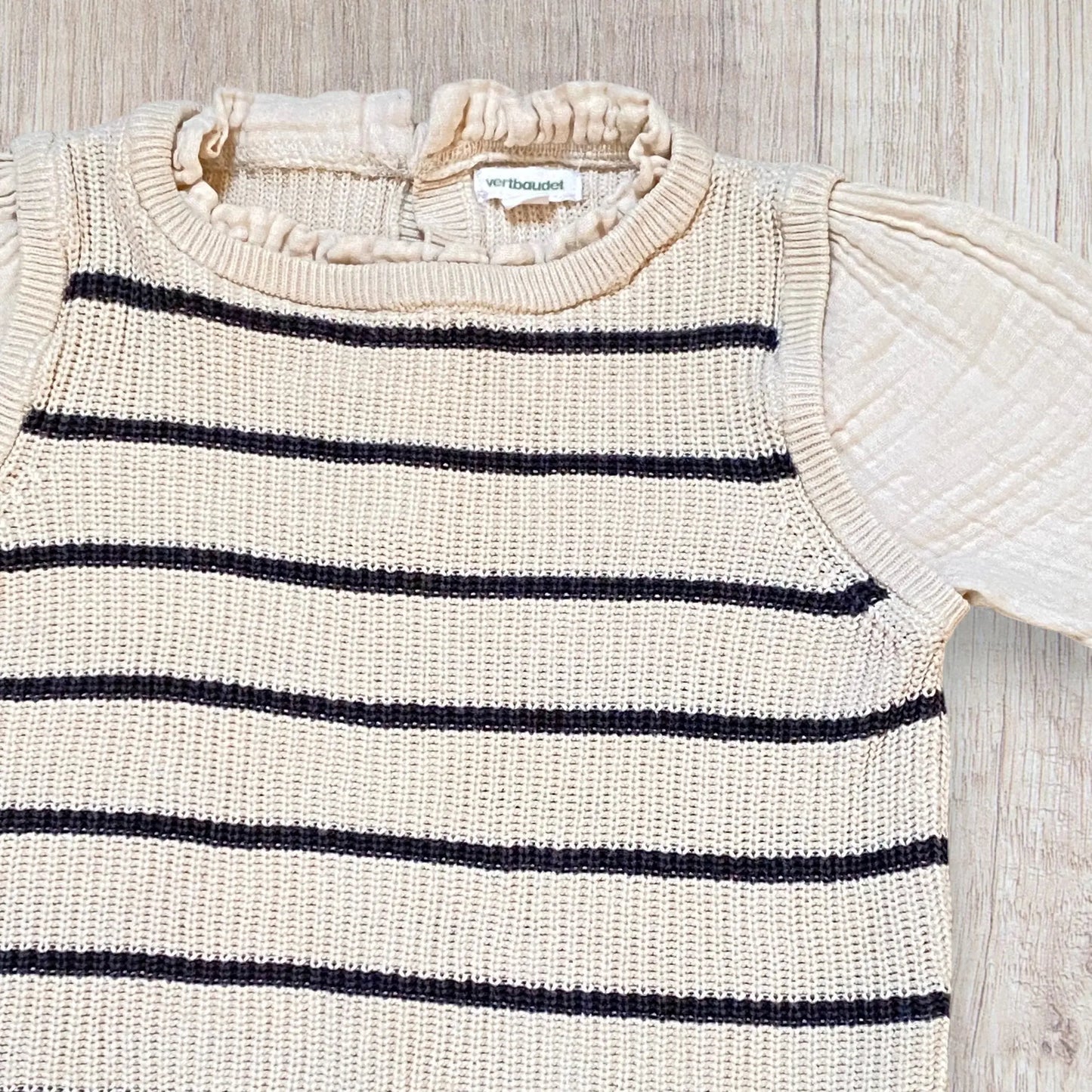 Pull marinière bébé fille Verbaudet 12 mois crème et bleu marine manches gaze.