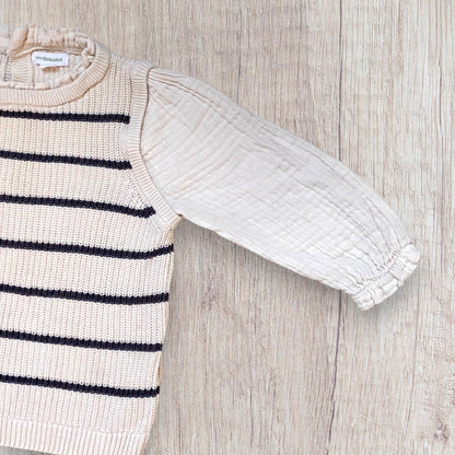 Pull marinière bébé fille Verbaudet 12 mois crème et bleu marine manches gaze.