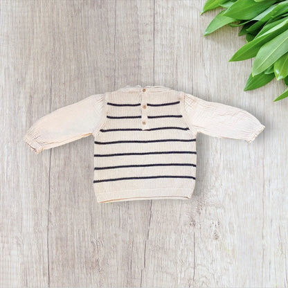 Pull marinière bébé fille Verbaudet 12 mois crème et bleu marine manches gaze.