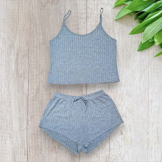 Pyjama 2 pièces femme Shein XL débardeur shorty gris ou bleu moucheté