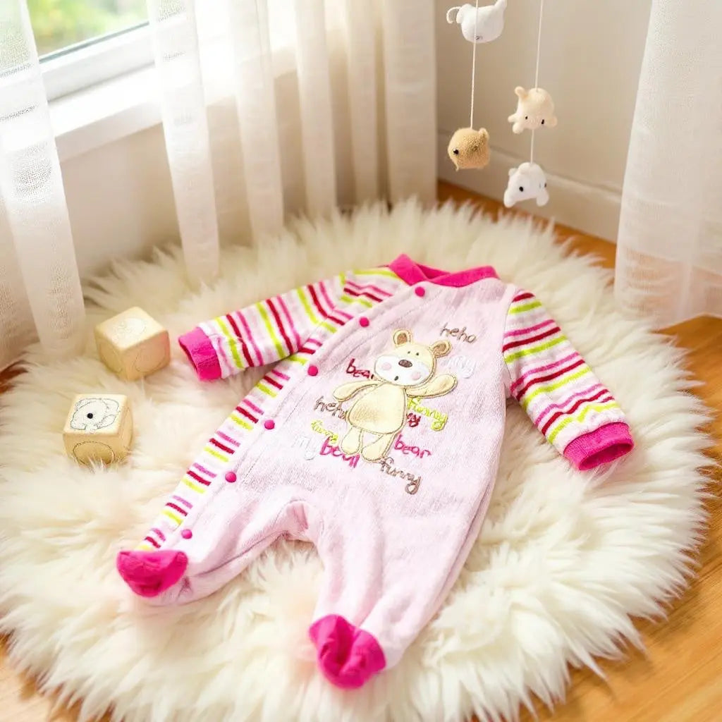 Pyjama Bébé Fille 1 Mois - Rose Clair avec Ours et Écriture Colorée - Polaire Douce la petite friperie
