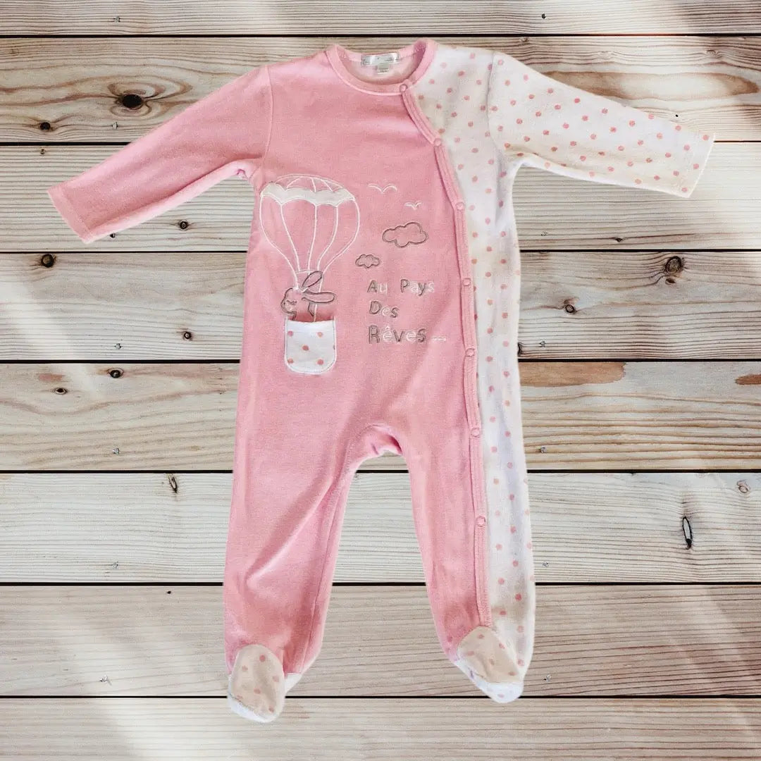 Pyjama Bébé Fille Mes Petits Cailloux 12 Mois - 1 Pièce Rose et Blanc Pois avec Lapin en Montgolfière Stokomani