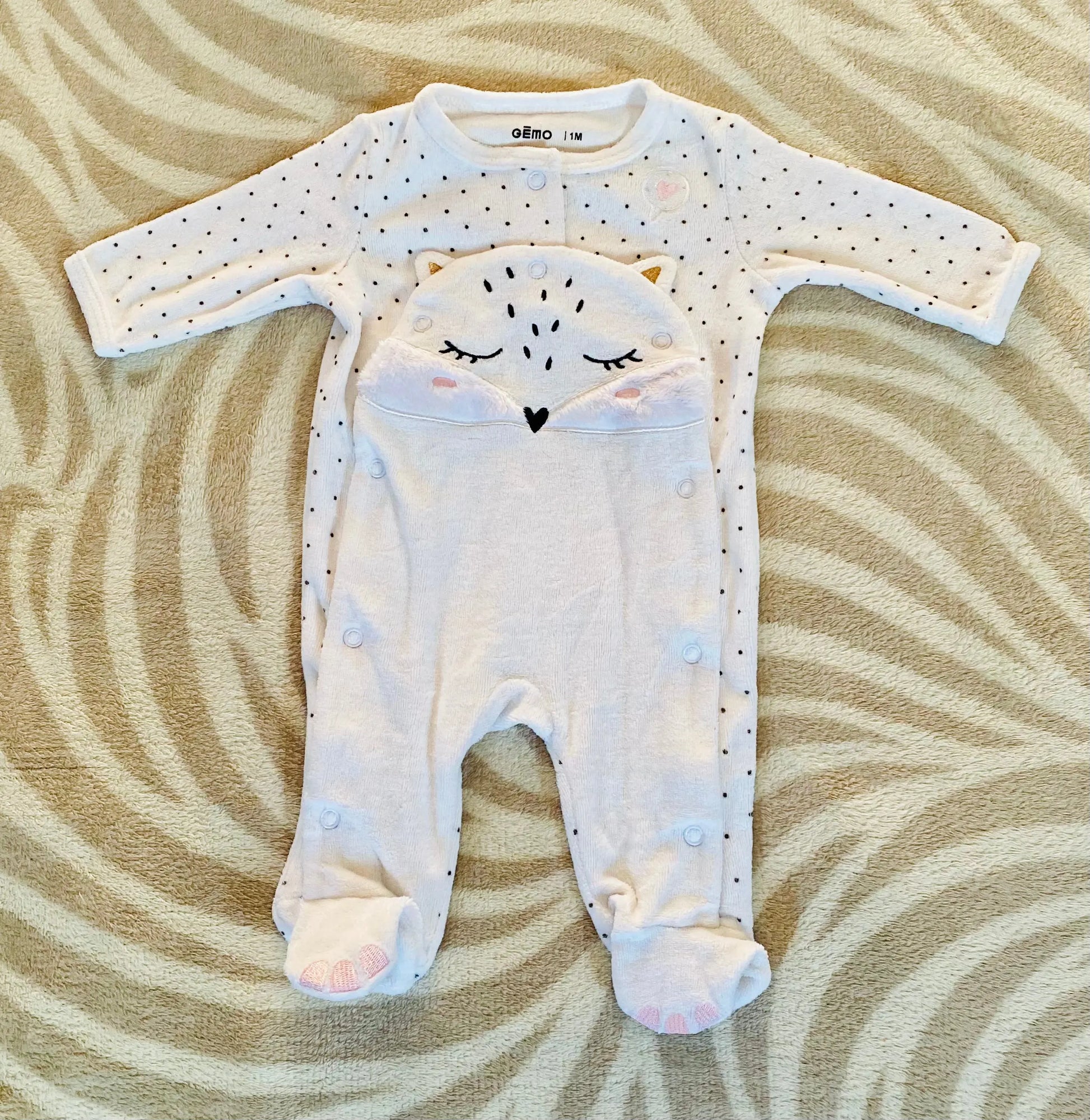 Pyjama Bébé Fille Polaire Blanc à Pois Noirs avec Broderie Renard - 1 Mois - Gémo gémo