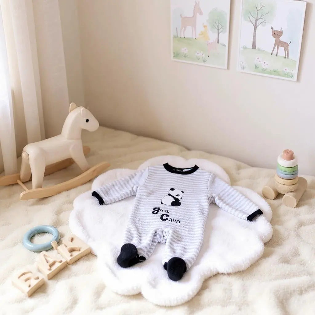 Pyjama Bébé Mixte en Polaire - Blanc à Rayures Grises avec Panda - 3 Mois - Manon et Valentin Manon & valentin