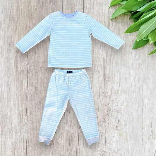 Pyjama polaire garçon TEX 3-4 ans bleu ciel à rayures blanches, deux pièces chaudes pour l’hiver.