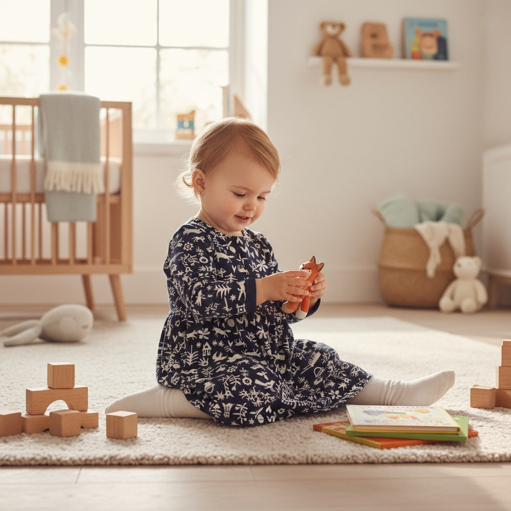 Robe bébé Petit Bateau 6 mois bleu marine imprimé beige à manches longues.