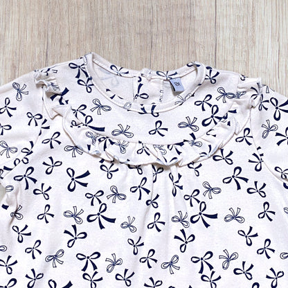 Robe bébé fille 12 mois beige imprimé nœuds bleu marine col volanté.