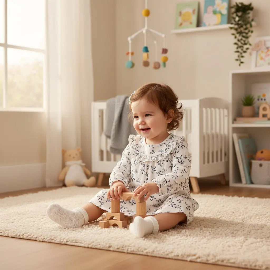 Robe bébé fille 12 mois beige imprimé nœuds bleu marine col volanté.