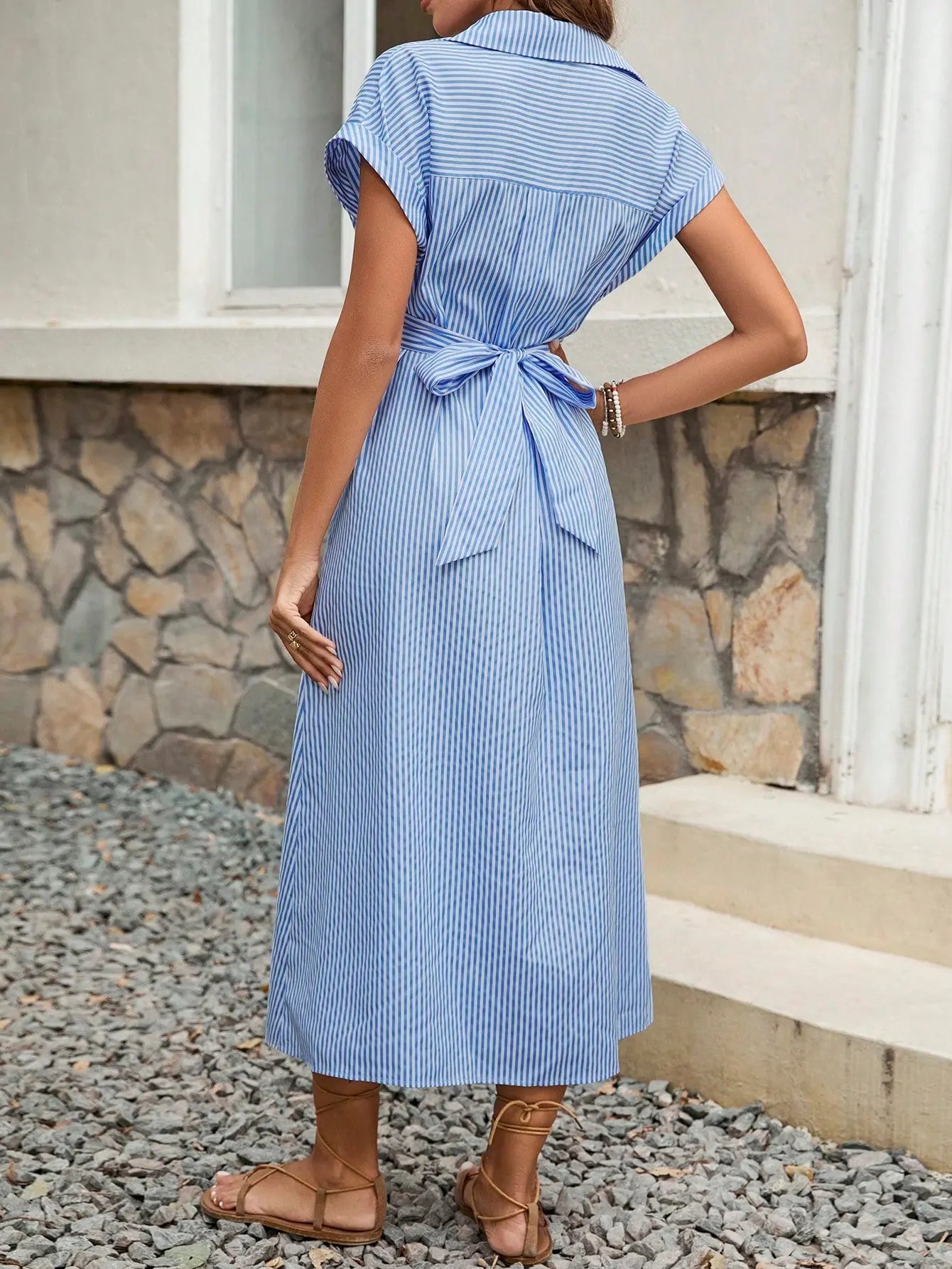 Robe chemise Shein femme taille L rayures bleu ciel effet noué poitrine très bon état