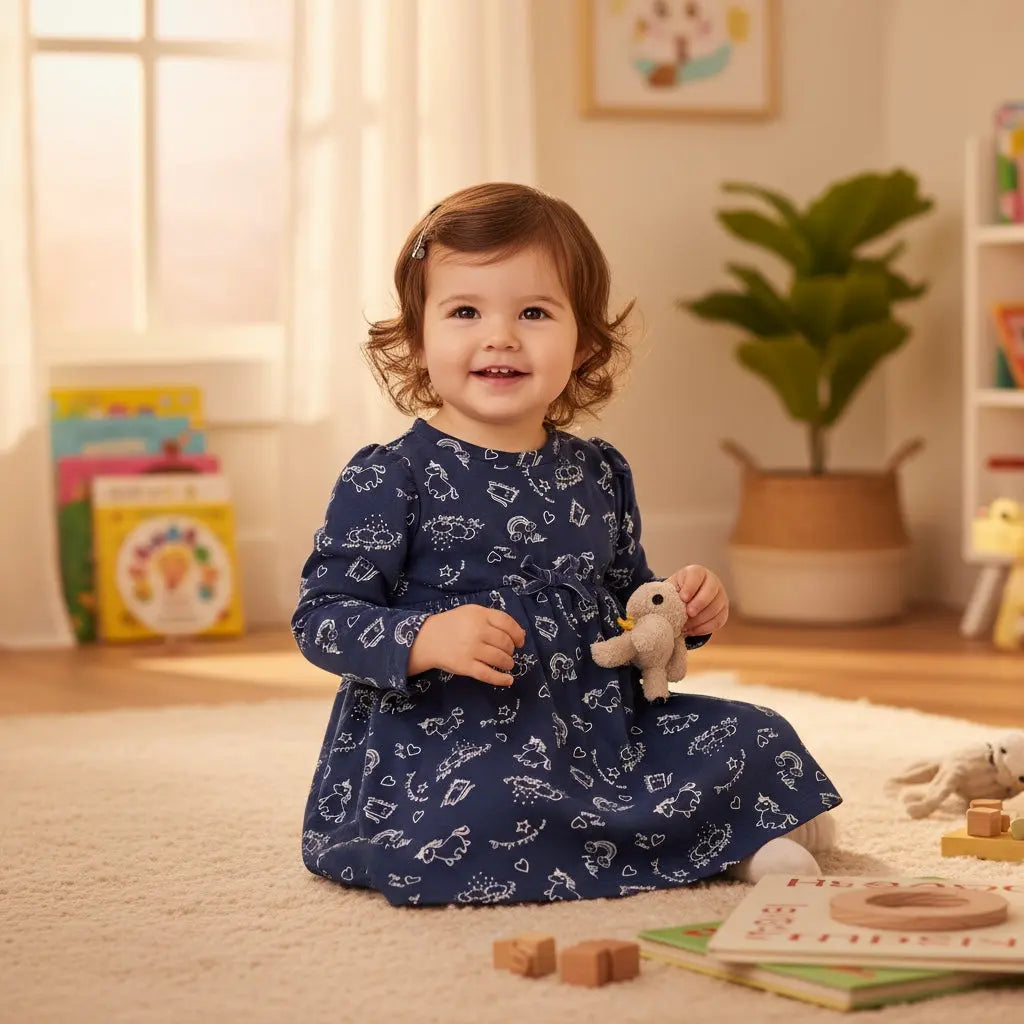 Robe bébé fille Pat & Ripaton 6 mois bleu marine à motifs chat et licorne