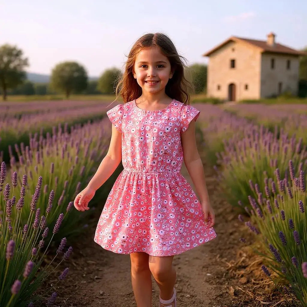 Robe fille 4 ans Districenter rose corail fleurs épaules ajourées