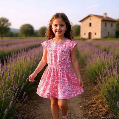 Robe fille 4 ans Districenter rose corail fleurs épaules ajourées