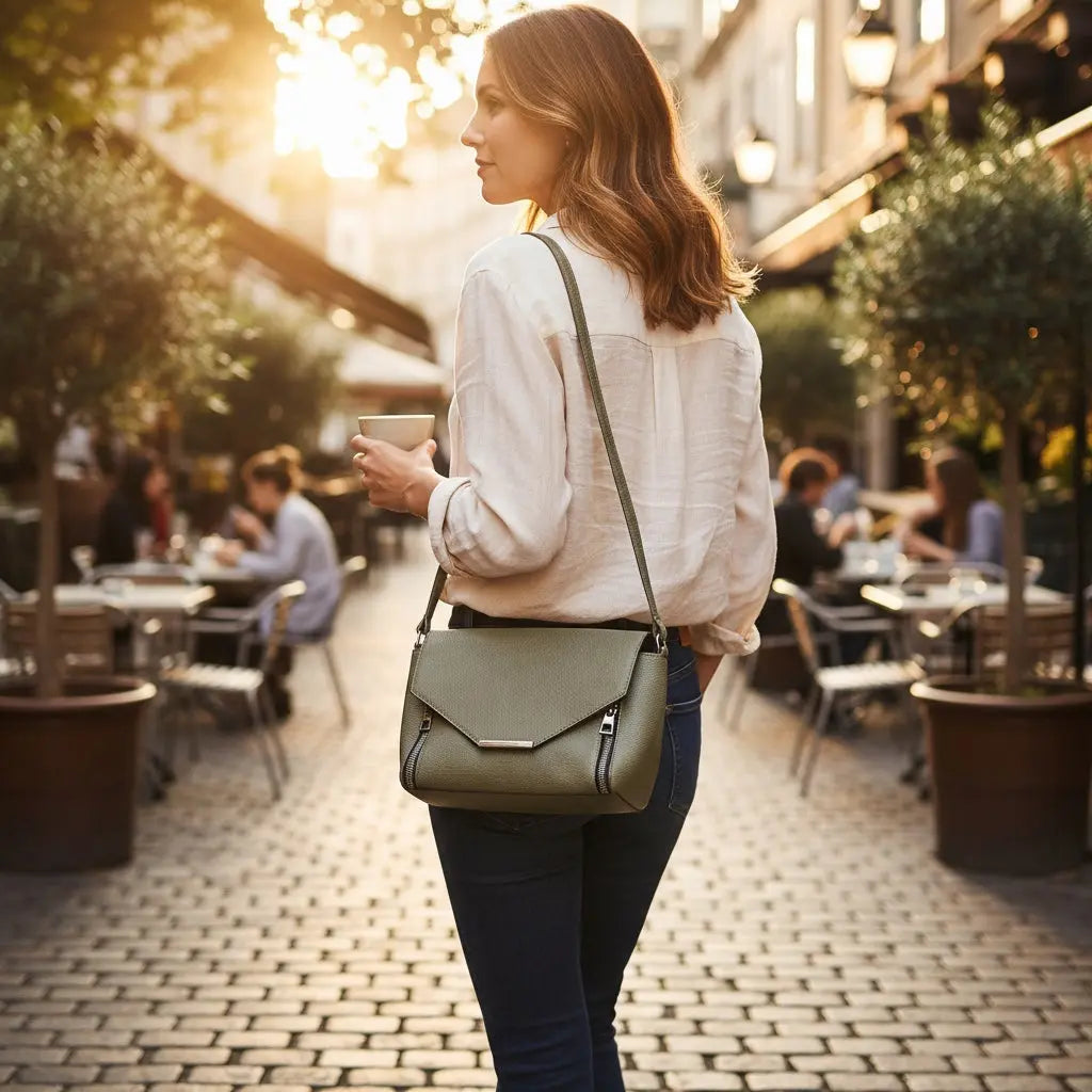 Sac pochette femme Atmosphère similicuir kaki, clapet géométrique, détails métalliques noirs, très bon état