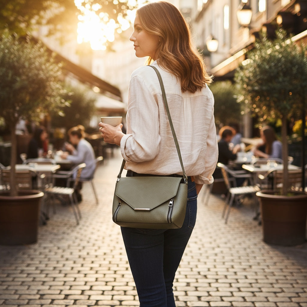 Sac pochette femme Atmosphère similicuir kaki, clapet géométrique, détails métalliques noirs, très bon état