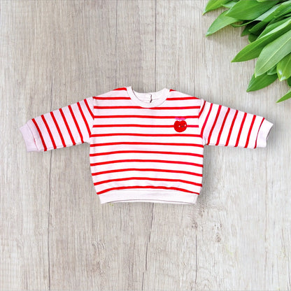 Sweat bébé fille Tape à l’Œil 12 mois marinière rouge avec cerise brodée sur la poitrine.