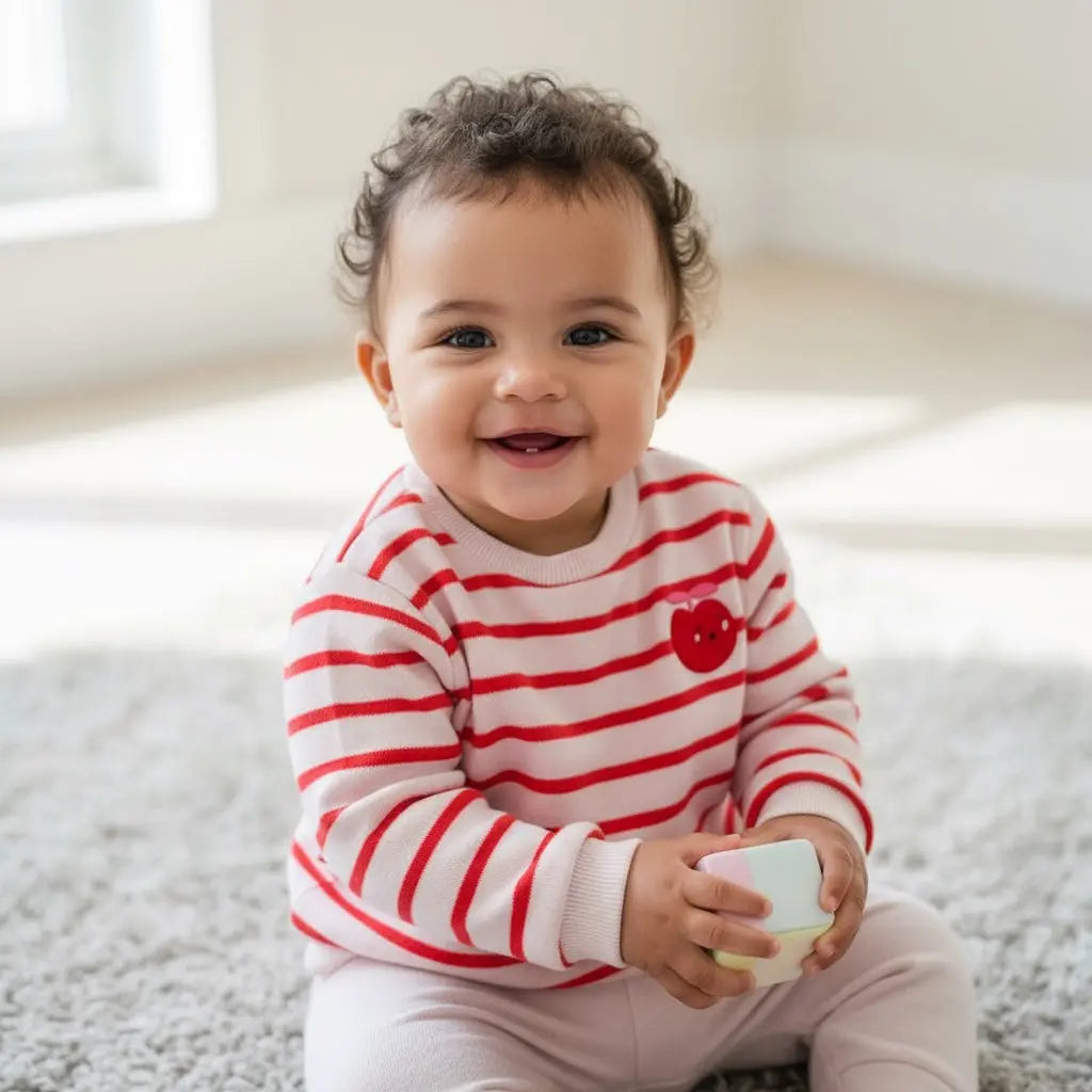 Sweat bébé fille Tape à l’Œil 12 mois marinière rouge avec cerise brodée sur la poitrine.