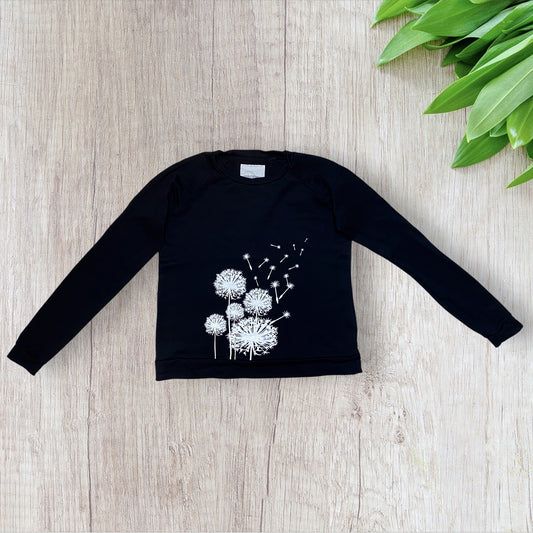 Sweat femme Printemps S noir avec motifs pissenlits blancs et manches longues