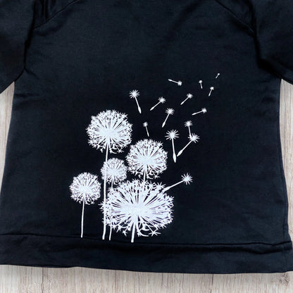 Sweat femme Printemps S noir avec motifs pissenlits blancs et manches longues
