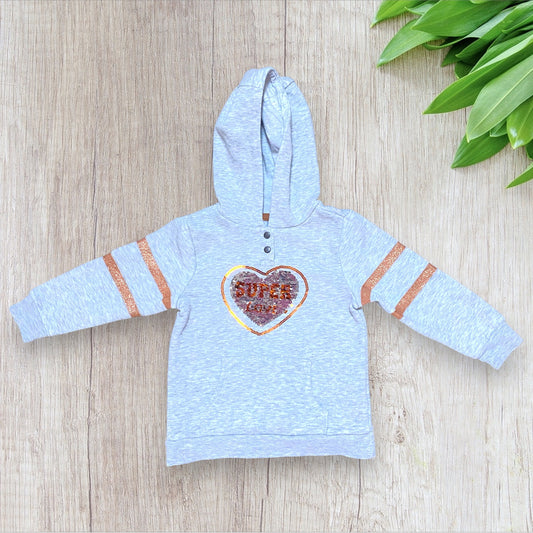 Sweat fille Orchestra 2 ans gris chiné avec cœur sequins réversibles et bandes pailletées, très bon état