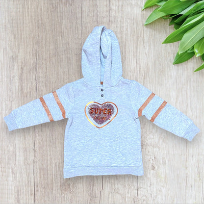 Sweat fille Orchestra 2 ans gris chiné avec cœur sequins réversibles et bandes pailletées, très bon état