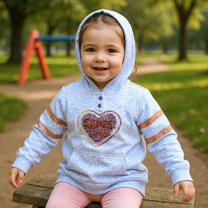 Sweat fille Orchestra 2 ans gris chiné avec cœur sequins réversibles et bandes pailletées, très bon état