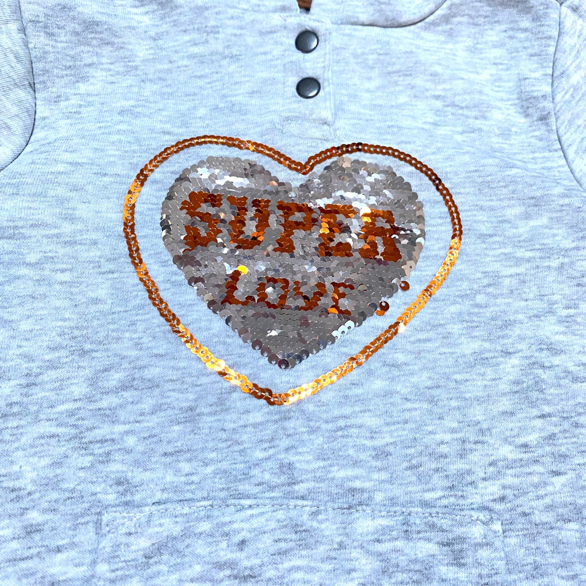 Sweat fille Orchestra 2 ans gris chiné avec cœur sequins réversibles et bandes pailletées, très bon état