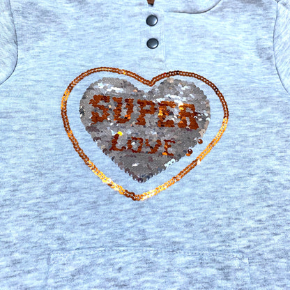 Sweat fille Orchestra 2 ans gris chiné avec cœur sequins réversibles et bandes pailletées, très bon état