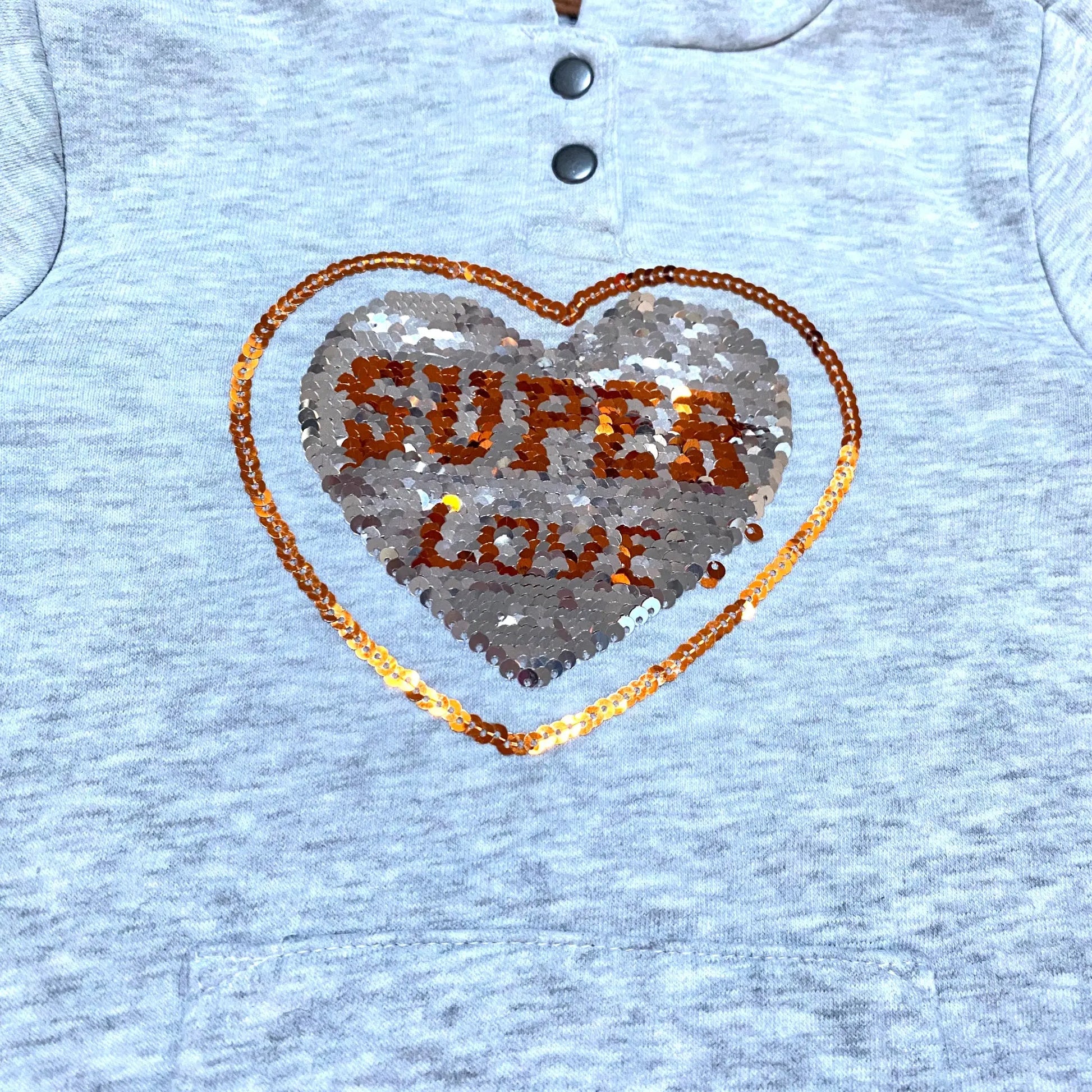 Sweat fille Orchestra 2 ans gris chiné avec cœur sequins réversibles et bandes pailletées, très bon état